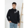 Erkek Yarım Bağazlı Kazak Baskılı Dokuma Triko - Siyah