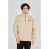 Erkek Yarım Fermuarlı Baskılı 3 iplik pamuklu sweatshirt - Bej