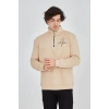 Erkek Yarım Fermuarlı Baskılı 3 iplik pamuklu sweatshirt - Bej