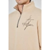 Erkek Yarım Fermuarlı Baskılı 3 iplik pamuklu sweatshirt - Bej