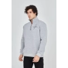Erkek Yarım Fermuarlı Baskılı 3 iplik pamuklu sweatshirt - Gri