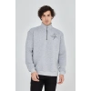 Erkek Yarım Fermuarlı Baskılı 3 iplik pamuklu sweatshirt - Gri