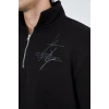 Erkek Yarım Fermuarlı Baskılı 3  iplik pamuklu sweatshirt - Siyah