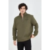 Erkek Yarım Fermuarlı Baskılı 3 iplik pamuklu sweatshirt - Yeşil