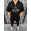 Erkek Yarım Fermuarlı Baskılı Oversize T-Shirt - Siyah