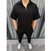 Erkek Yarım Fermuarlı Kısa kol T-Shirt - Siyah