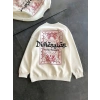 Kadın 3 İplik Pamuklu Bisiklet Yaka Baskılı SweatShirt - Beyaz
