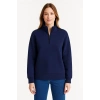 Kadın 3 İplik Pamuklu Dık Yaka Yarım Fermuarlı SweatShirt - Lacivert