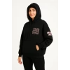 Kadın 3 İplik Pamuklu Kapüşonlu Kanguru Cepli Baskılı Hoodie Sweatshirt - Siyah