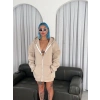 Kadın 3 İplik Pamuklu Kapüşonlu Kanguru Cepli Baskılı Oversize Hoodie Sweatshirt - Bej