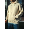 Kadın 3 İplik Pamuklu Kapüşonlu Kanguru Cepli Oversize Hoodie Sweatshirt - Bej