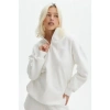 Kadın 3 İplik Pamuklu Oversize Yarım Fermuarlı Yakalı Basic Sweatshirt - Beyaz