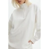 Kadın 3 İplik Pamuklu Oversize Yarım Fermuarlı Yakalı Basic Sweatshirt - Beyaz