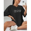 Kadın Baskılı T-Shirt Kısa Kol Bisiklet Yaka Oversize Rahat Kalıp Tişört - Siyah