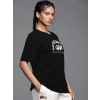 Kadın Baskılı T-Shirt Kısa Kol Bisiklet Yaka Oversize Rahat Kalıp Tişört - Siyah