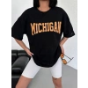 Kadın Baskılı T-Shirt Kısa Kol Bisiklet Yaka Oversize Tişört - Siyah