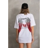 Kadın Baskılı Tişört Kısa Kol Bisiklet Yaka Oversize T-Shirt - Beyaz