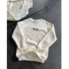 Kadın Bisiklet Yaka 3 İplik Baskılı Oversize SweatShirt - Beyaz