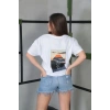 Kadın Bisiklet Yaka Baskılı Kısa kol Oversize T-Shirt- Beyaz