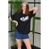 Kadın Bisiklet Yaka Baskılı  Kısa kol Oversize T-Shirt - Siyah