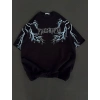 Kadın Bisiklet Yaka Baskılı  Kısa kol Oversize T-Shirt - Siyah
