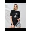 Kadın Bisiklet Yaka Baskılı  Kısa kol T-Shirt - Siyah