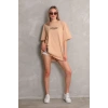 kadın Bisiklet Yaka Baskılı Oversize Kısa kol T-Shirt - Bej