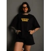 kadın Bisiklet Yaka Baskılı Oversize  Kısa kol T-Shirt - Siyah