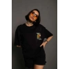 kadın Bisiklet Yaka Baskılı Oversize Kısa kol T-Shirt - Siyah