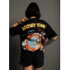 kadın Bisiklet Yaka Baskılı Oversize  Kısa kol T-Shirt - Siyah
