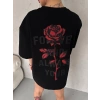 kadın Bisiklet Yaka Baskılı Oversize  Kısa kol T-Shirt - Siyah