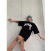 kadın Bisiklet Yaka Baskılı Oversize Kısa kol  T-Shirt - Siyah