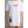kadın Bisiklet Yaka Baskılı Oversize T-Shirt - Beyaz