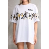 kadın Bisiklet Yaka Baskılı Oversize T-Shirt - Beyaz