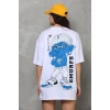 kadın Bisiklet Yaka Baskılı Oversize T-Shirt - Beyaz