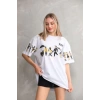 kadın Bisiklet Yaka Baskılı Oversize T-Shirt - Beyaz