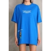 kadın Bisiklet Yaka Baskılı Oversize T-Shirt - Mavi