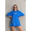 kadın Bisiklet Yaka Baskılı Oversize T-Shirt - Mavi