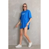 kadın Bisiklet Yaka Baskılı Oversize T-Shirt - Mavi