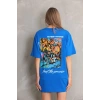 kadın Bisiklet Yaka Baskılı Oversize T-Shirt - Mavi
