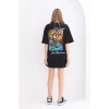 kadın  Bisiklet Yaka Baskılı Oversize T-Shirt - Siyah