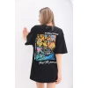 kadın  Bisiklet Yaka Baskılı Oversize T-Shirt - Siyah
