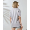 Kadın Bisiklet Yaka Baskılı Slim Fit T-Shirt - Boyalı Gri