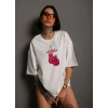 kadın Bisiklet Yaka Boks Eldiven Baskılı Oversize T-Shirt - Beyaz