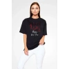 kadın Bisiklet Yaka  Kısa kol Baskılı Oversize T-Shirt - Siyah
