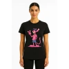 Kadın Bisiklet Yaka Kısa Kollu Baskılı T-shirt - Siyah