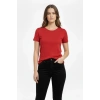 Kadın Bisiklet Yaka Slim Fit Likralı Tişört - Kırmızı