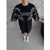 Kadın Bisiklet Yaka Yıldırım Baskılı  Kısa kol Oversize T-Shirt - Siyah