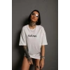 Kadın Bisiklet Yakalı Sırt Baskılı  Kısa kol Oversize T-Shirt - Beyaz