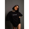 Kadın Bisiklet Yakalı Sırt Baskılı Oversize Kısa kol T-Shirt - Siyah